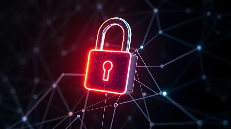 A photorealistic image of a glowing digital padlock icon overlaid on a complex network of abstract data lines, symbolizing secure information flow and privacy. The background is dark with subtle light trails, suggesting advanced technology. Professional photography, 8K, cinematic lighting, sharp focus on the padlock, depth of field blurring the background, shot on a high-end DSLR.
