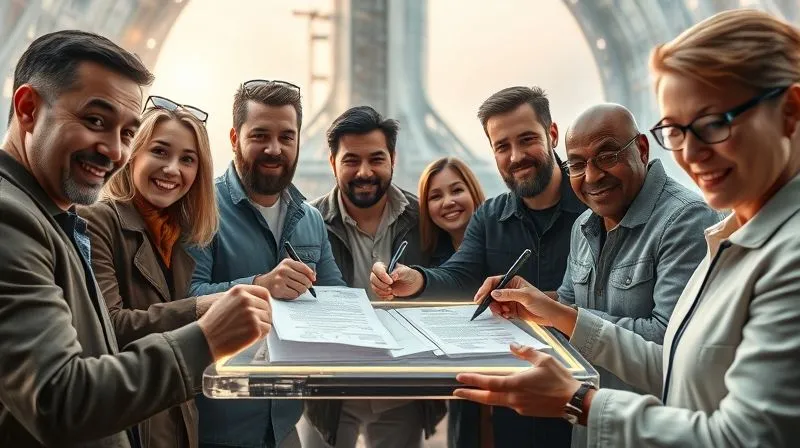 A photorealistic image of a diverse group of individuals, looking determined and excited, signing a stack of complex legal documents on a futuristic tablet, with a blurred background of a sleek spacecraft launchpad. Cinematic lighting, sharp focus on the documents and hands, depth of field, professional photography, 8K.
