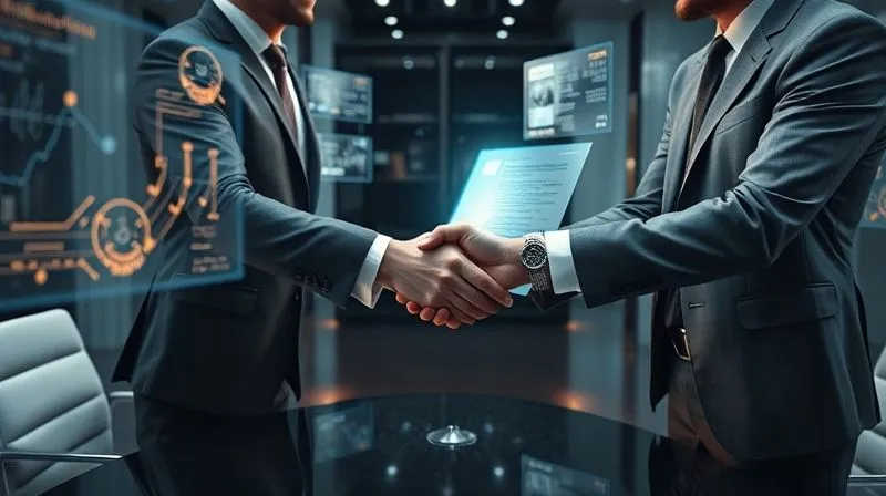 A photorealistic image of a futuristic conference room with holographic legal documents floating around a table. Two individuals, one a space tourism operator and the other a lawyer, are shaking hands over a glowing contract, signifying agreement and legal protection. Cinematic lighting, sharp focus on the handshake and holographic text, depth of field, professional photography, 8K.