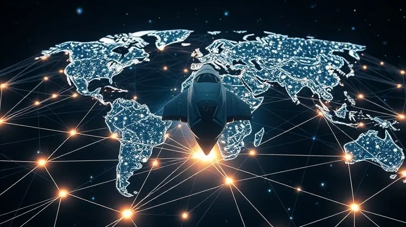 A photorealistic image of a complex global network of interconnected lines and nodes, representing international space law and regulatory bodies, converging on a stylized spacecraft. The image is clean, professional, and suggests collaboration and order. Cinematic lighting, sharp focus on the network, depth of field blurring the background, professional photography, 8K.
