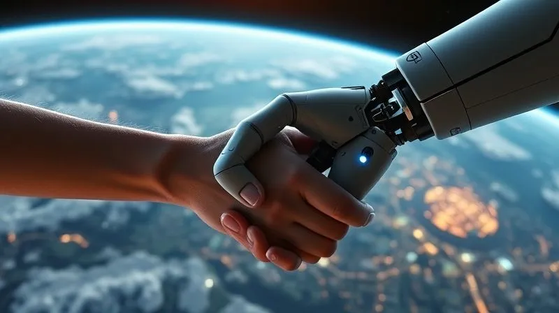 A photorealistic image depicting a handshake between a human hand and a robotic hand, set against a backdrop of Earth seen from space, with subtle glowing lines connecting them to a futuristic city. This symbolizes trust, collaboration, and ethical responsibility in the context of space exploration. Cinematic lighting, sharp focus on the hands, depth of field, professional photography, 8K.
