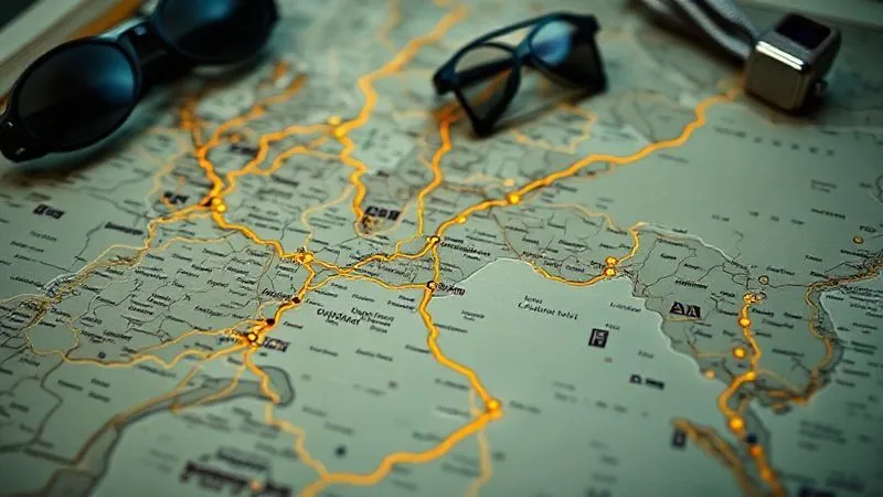A photorealistic detailed map with highlighted luxury train routes, some sections marked with subtle warning symbols or alternative paths, indicating potential disruption points and contingency planning. Professional photography, 8K, cinematic lighting, sharp focus on the map, depth of field blurring a background of elegant travel accessories. A photorealistic detailed map with highlighted luxury train routes, some sections marked with subtle warning symbols or alternative paths, indicating potential disruption points and contingency planning. Professional photography, 8K, cinematic lighting, sharp focus on the map, depth of field blurring a background of elegant travel accessories.
