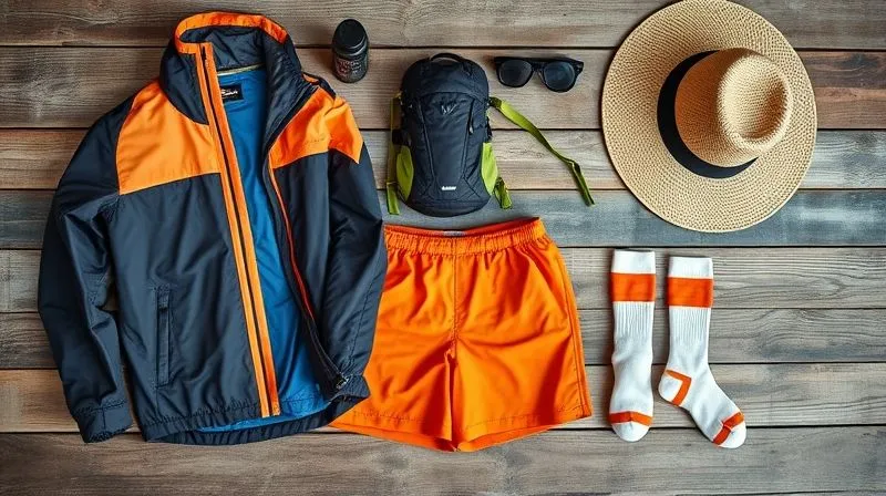 A vibrant, photorealistic flat lay of festival clothing and gear, including a waterproof jacket, quick-dry shorts, merino wool socks, a hydration pack, and a wide-brimmed hat, all neatly organized on a weathered wooden surface. Cinematic lighting, sharp focus, 8K, shot on a high-end DSLR.