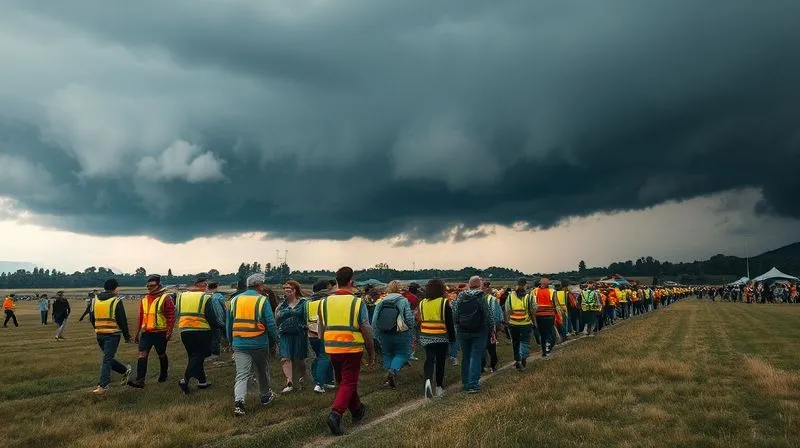A highly detailed, photorealistic image of festival-goers calmly and orderly evacuating an open field, guided by festival staff in high-visibility vests. A dramatic, dark storm cloud looms in the distance, but the foreground shows people moving towards designated sturdy shelters. Cinematic lighting, 8K, sharp focus on the movement, depth of field blurring the background, shot on a high-end DSLR.