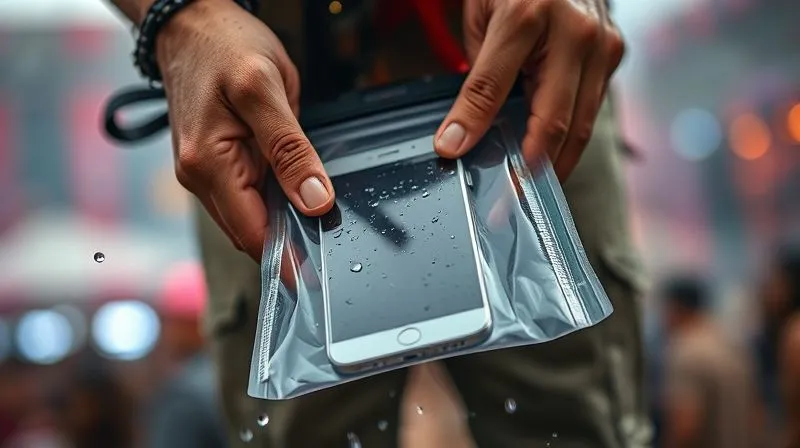 A close-up, photorealistic shot of hands carefully placing a smartphone into a transparent, waterproof dry pouch, with a dusty festival background blurred. Rain droplets are visible on the pouch's surface, emphasizing protection. Cinematic lighting, 8K, sharp focus on the hands and pouch, depth of field, shot on a high-end DSLR.