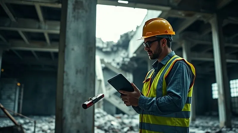 A photorealistic, professional photography, 8K image of a structural engineer, wearing a hard hat and safety vest, using a laser level and tablet to assess the integrity of a crumbling concrete pillar within an abandoned factory. Cinematic lighting highlights dust and structural details, sharp focus on the engineer and equipment, depth of field blurring the background. Shot on a high-end DSLR, conveying meticulous professional assessment.