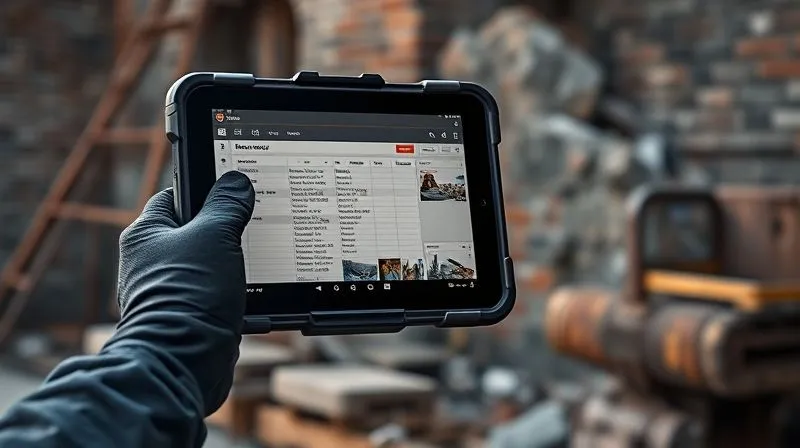 A photorealistic, professional photography, 8K image of a gloved hand holding a rugged tablet, displaying a detailed digital log of an urban exploration, including GPS coordinates, time stamps, and annotated photos of structural damage. In the background, a blurred image of crumbling brickwork and rusted metal. Cinematic lighting, sharp focus on the tablet screen, depth of field. Shot on a high-end DSLR, emphasizing meticulous digital record-keeping.
