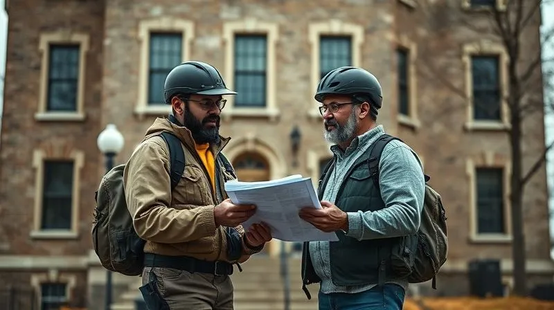 A photorealistic, professional photography, 8K image of an urban explorer, wearing professional gear, speaking respectfully with a local historical society representative in front of a partially restored historical building. They are reviewing blueprints or old photographs. Cinematic lighting, sharp focus on their interaction, depth of field blurring the background. Shot on a high-end DSLR, conveying positive community engagement and collaboration.