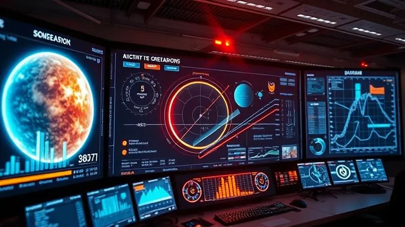 A photorealistic display screen inside a futuristic mission control center, showing complex data visualizations of solar activity, radiation levels, and spacecraft trajectories. Holographic elements and glowing interfaces represent AI analysis. Professional photography, 8K, cinematic lighting, sharp focus on the screen, depth of field, shot on a high-end DSLR.
