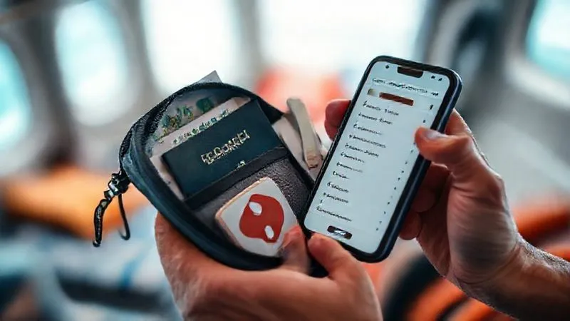 A photorealistic, professional photography, 8K, cinematic lighting, sharp focus, depth of field, shot on a high-end DSLR, depicting a traveler meticulously organizing a small, waterproof travel pouch. Inside are a passport, a folded map, a local SIM card, a small first-aid kit, and a smartphone displaying an emergency contact list. The background is slightly blurred with hints of a ship's cabin or a tropical destination, emphasizing preparedness and safety.