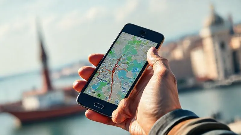 A photorealistic, professional photography, 8K, cinematic lighting, sharp focus, depth of field, shot on a high-end DSLR, depicting a traveler's hand holding a smartphone. The screen displays a clear, colorful map of a foreign city with a GPS route highlighted. In the background, subtly blurred, are iconic landmarks of a European port city, suggesting navigation and exploration with modern tools.
