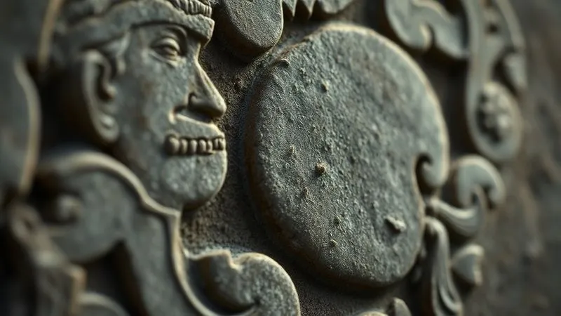 A photorealistic close-up of an ancient stone carving, with visible signs of erosion and a faint layer of dust, cinematic lighting highlighting the delicate details and the subtle degradation, depth of field blurring the background. The image conveys fragility and the slow impact of time and human presence.