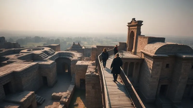 A photorealistic aerial view of an ancient ruin, with clearly defined, elevated wooden walkways guiding a small group of respectful tourists, cinematic lighting, sharp focus on the architectural details, depth of field blurring the distant landscape. The image emphasizes controlled access and preservation.