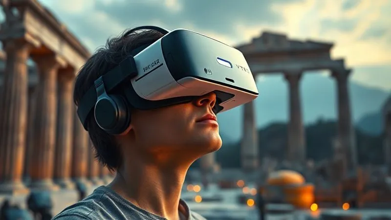 A photorealistic image of a person wearing a sleek VR headset, immersed in a highly detailed virtual reconstruction of an ancient temple, with faint glowing digital elements overlaying real-world ruins in the background. Cinematic lighting, sharp focus on the VR user, depth of field on the virtual elements, 8K hyper-detailed.