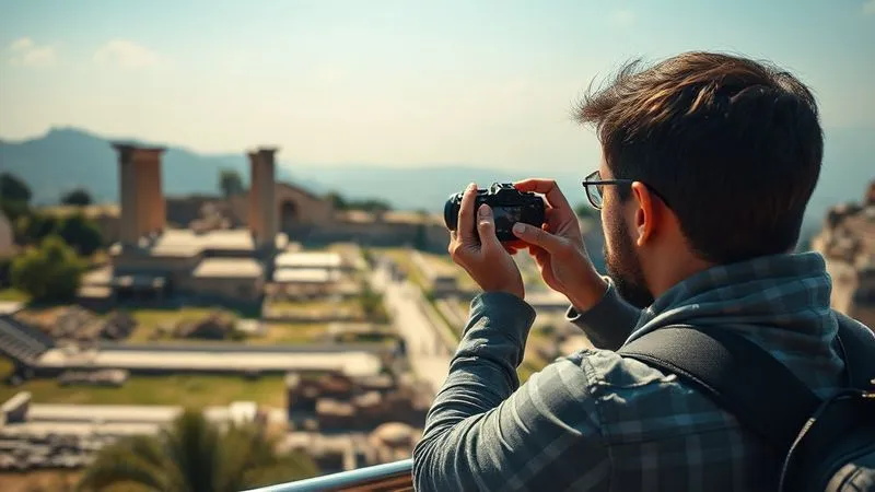 A photorealistic image of a thoughtful, respectful tourist taking a photo of an ancient ruin from a designated viewing platform, with a sense of awe and distance, cinematic lighting, sharp focus on the tourist's profile and the distant ruins, depth of field blurring the immediate foreground. The image conveys responsible engagement.