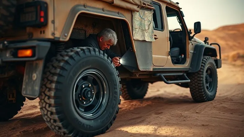 A photorealistic, professional photography shot of a traveler meticulously inspecting the tires and undercarriage of a rugged 4x4 vehicle, parked on a dusty, remote desert track. The traveler is using a flashlight, with a detailed topographical map spread out on the hood. Cinematic lighting, sharp focus on the inspection, depth of field blurring the vast, empty desert landscape. 8K hyper-detailed, shot on a high-end DSLR.