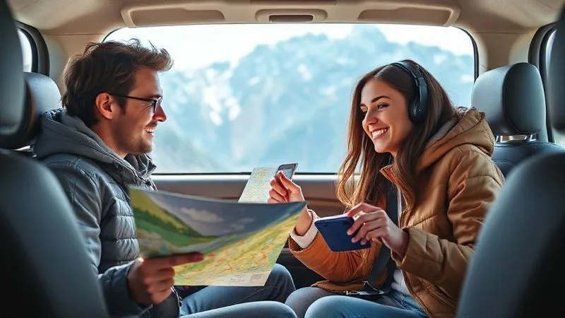 A photorealistic, professional photography image of two friends, one holding a physical map and the other pointing at a satellite messenger device, discussing their route and check-in points. They are sitting comfortably in a well-organized vehicle, with scenic mountains visible through the window. Cinematic lighting, sharp focus on their interaction, depth of field blurring the background. 8K hyper-detailed, shot on a high-end DSLR.