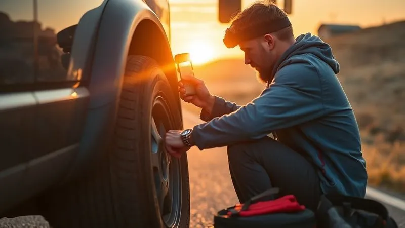 A photorealistic, professional photography shot of a traveler calmly and safely assessing minor damage to their vehicle's tire in a remote, scenic setting. The sun is setting, casting a warm glow, and the traveler is using a headlamp to inspect the tire, with an emergency kit open nearby. Sharp focus on the traveler and vehicle, with a blurred background of a winding road. 8K hyper-detailed, shot on a high-end DSLR.
