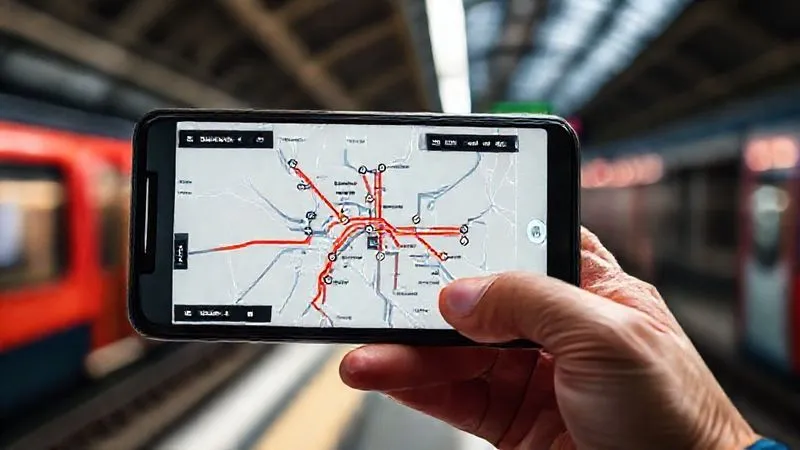 A photorealistic close-up of a smartphone screen displaying a detailed public transport route map with real-time train icons moving along the lines, held in a person's hand against a slightly blurred background of a modern train station platform. Cinematic lighting, sharp focus on the screen, depth of field, 8K hyper-detailed, professional photography, shot on a high-end DSLR.
