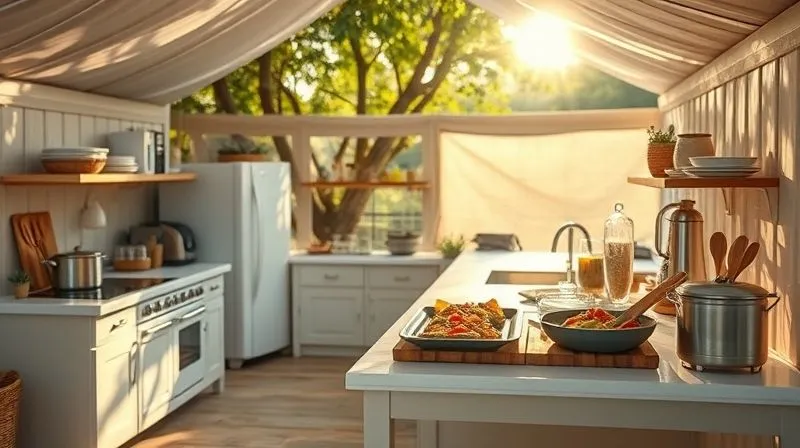 A photorealistic, professional photography, 8K, cinematic lighting, sharp focus, depth of field, shot on a high-end DSLR. A pristine, modern glamping outdoor kitchen, fully equipped and sparkling clean, with sunlight dappling through overhead trees, conveying a sense of safety, professionalism, and inviting culinary experiences.