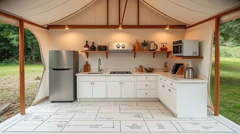 A photorealistic, professional photography, 8K, cinematic lighting, sharp focus, depth of field, shot on a high-end DSLR. A detailed blueprint or conceptual drawing of an efficient, compliant glamping outdoor kitchen layout, highlighting separate zones for prep, cooking, washing, and storage, with annotations for water lines and waste disposal, conveying smart design and foresight.
