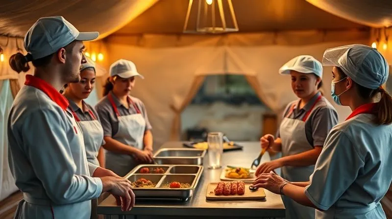 A photorealistic, professional photography, 8K, cinematic lighting, sharp focus, depth of field, shot on a high-end DSLR. A small group of glamping staff, dressed in clean uniforms, attentively participating in a food safety training session in a well-lit outdoor setting. They are gathered around a stainless steel prep table, looking engaged as an instructor demonstrates proper food handling techniques, conveying education and teamwork.