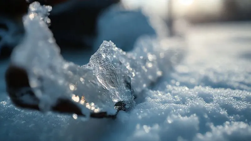 A photorealistic close-up of sharp, angular ice crystals on a cross-country ski base, illustrating the abrasive nature of cold snow, with subtle light refracting through the crystals. Professional photography, 8K, cinematic lighting, sharp focus, depth of field, shot on a high-end DSLR.