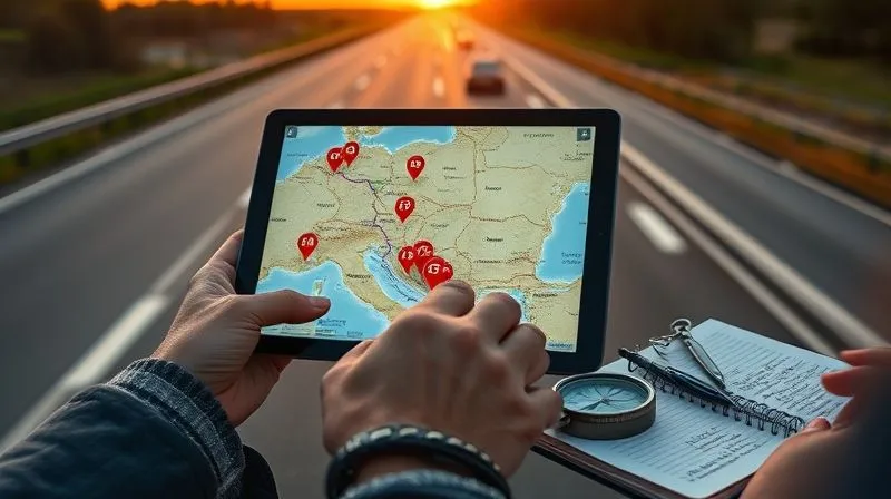A photorealistic, professional photography, 8K, cinematic lighting, sharp focus, depth of field shot on a high-end DSLR of a person's hands meticulously planning a road trip on a tablet, displaying a complex multi-stop route on a digital map with vibrant pins, while a physical compass and a small notebook with handwritten notes lie beside it. The background is a softly blurred, scenic highway at dawn, symbolizing optimized travel.