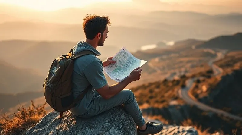 A photorealistic, professional photography, 8K, cinematic lighting, sharp focus, depth of field shot on a high-end DSLR of a traveler sitting on a rock overlooking a vast, serene landscape with a winding road below. The traveler is holding a map, thoughtfully contemplating the route, with a sense of peaceful deliberation rather than rush, embodying mindful time management on a road trip. Golden hour light bathes the scene.