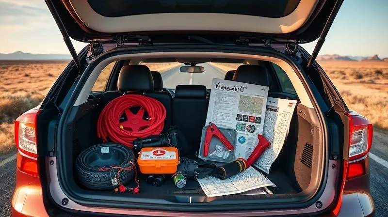 A photorealistic, professional photography, 8K, cinematic lighting, sharp focus, depth of field shot on a high-end DSLR of a well-organized car trunk containing a robust emergency kit: jumper cables, a first-aid kit, a sturdy flashlight, and a comprehensive road atlas, with a spare tire partially visible. The scene suggests preparedness and foresight against a backdrop of an open road stretching into a vast landscape, emphasizing safety and readiness.