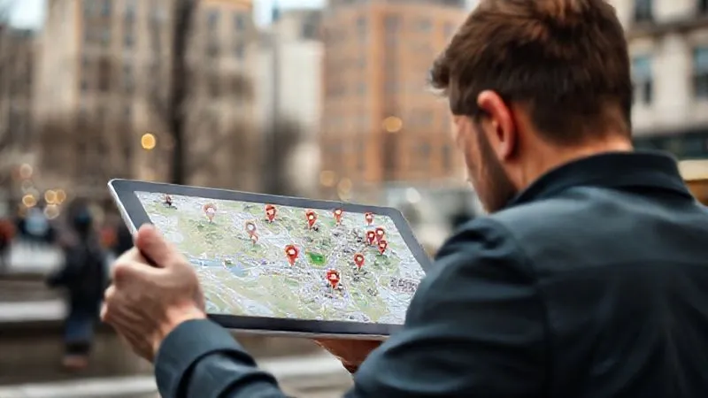 A person intently looking at a detailed digital map of a city park on a tablet, surrounded by virtual pins indicating points of interest, with a blurred background of urban architecture, photorealistic, professional photography, 8K, cinematic lighting, sharp focus, depth of field, shot on a high-end DSLR.