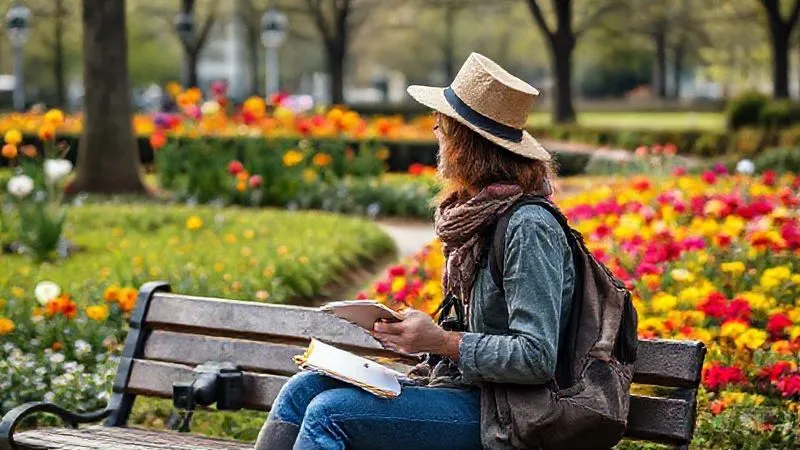 A traveler with a small sketchbook and a camera sitting on a park bench, observing a vibrant flower garden in an urban park, with a focused, contemplative expression, photorealistic, professional photography, 8K, cinematic lighting, sharp focus, depth of field, shot on a high-end DSLR.