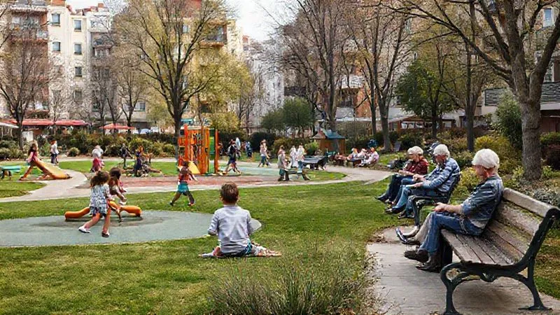 A vibrant, less-known urban park bustling with local activity: children playing on a unique playground, elderly couples sitting on benches, friends having a casual picnic, diverse architecture in the background, conveying a sense of community and authenticity, photorealistic, professional photography, 8K, cinematic lighting, sharp focus, depth of field, shot on a high-end DSLR.