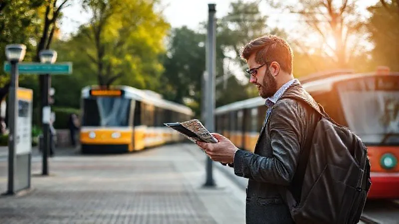 A well-dressed traveler checking a city map on their phone, standing at a clearly marked public transport stop next to a beautiful urban park entrance, with a tram or bus waiting in the background, conveying seamless transition between urban exploration and nature, photorealistic, professional photography, 8K, cinematic lighting, sharp focus, depth of field, shot on a high-end DSLR.