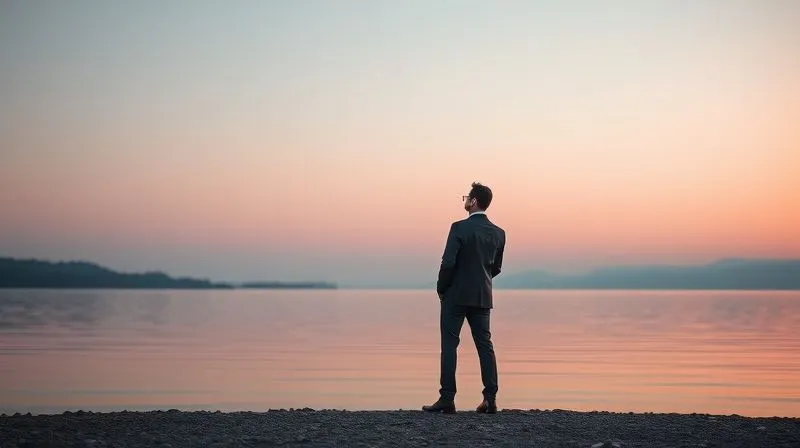 A professional executive, dressed smartly but looking contemplative and serene, standing alone on a quiet, reflective lake shore at dawn, gazing at the horizon with a sense of profound introspection. Photorealistic, professional photography, 8K, cinematic lighting, sharp focus on the executive, depth of field blurring the background, shot on a high-end DSLR.