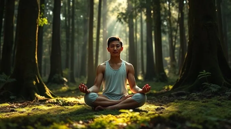 A person sitting in a serene, ancient forest, sunlight filtering through the canopy, meditating with a calm expression. The forest floor is covered in moss and ferns, creating a tranquil and grounding atmosphere. Photorealistic, professional photography, 8K, cinematic lighting, sharp focus on the person, depth of field blurring the background, shot on a high-end DSLR.