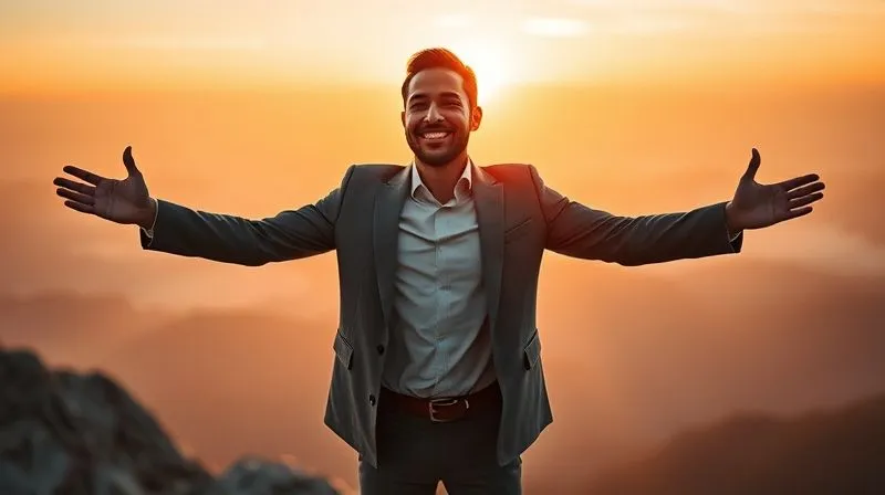 A professional executive, with a radiant and contented smile, standing on a mountain peak at sunset, arms outstretched in a gesture of openness and freedom. The light is golden, casting a warm glow, symbolizing success, peace, and balance. Photorealistic, professional photography, 8K, cinematic lighting, sharp focus on the executive, depth of field blurring the background, shot on a high-end DSLR.