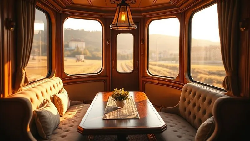 A photorealistic image of a vintage luxury train carriage interior, bathed in warm, golden hour cinematic lighting, showcasing plush seating, a polished wooden table, and a large window framing a blurred, picturesque European landscape. The focus is on the inviting, serene atmosphere, devoid of digital distractions, with elegant, unlit lamps hanging from the ceiling, 8K, sharp focus, depth of field, professional photography, shot on a high-end DSLR.