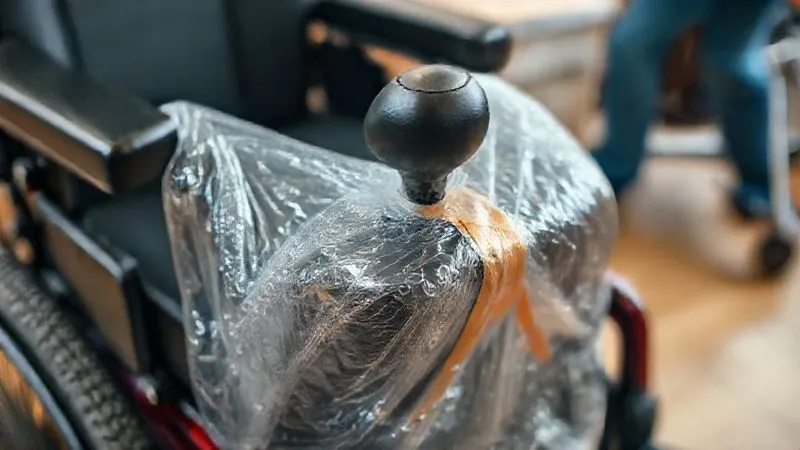 A photorealistic, close-up shot of a power wheelchair's joystick and control panel meticulously wrapped in heavy-duty bubble wrap and secured with strong tape, demonstrating careful protection. The background shows other parts of the wheelchair being prepared for travel. Professional photography, 8K, cinematic lighting, sharp focus, depth of field, shot on a high-end DSLR.