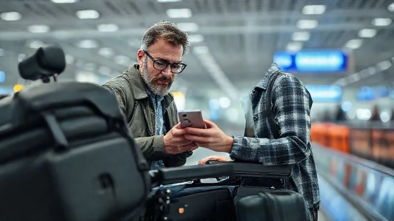A photorealistic, detailed shot of a traveler meticulously inspecting their power wheelchair for damage at an airport baggage claim, with a concerned expression. They are holding a smartphone, documenting potential issues. The background shows other luggage on a carousel. Professional photography, 8K, cinematic lighting, sharp focus, depth of field, shot on a high-end DSLR.