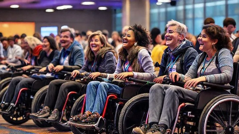 A photorealistic, vibrant image of diverse individuals in power wheelchairs laughing and interacting at an accessible travel conference, symbolizing community, support, and shared experience. The atmosphere is positive and empowering. Professional photography, 8K, cinematic lighting, sharp focus, depth of field, shot on a high-end DSLR.