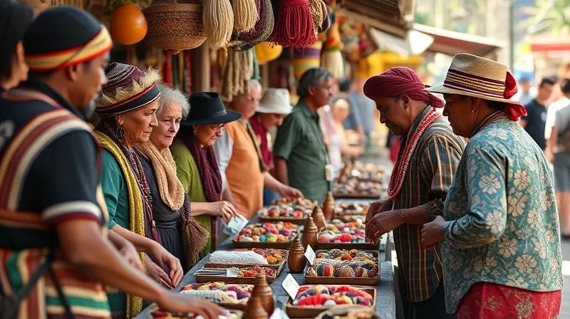 A photorealistic image of a diverse group of indigenous artisans proudly displaying their handcrafted goods at a vibrant community market, with tourists respectfully engaging and making purchases. The scene is bathed in warm, natural light, highlighting the intricate details of the crafts. Professional photography, 8K, cinematic lighting, sharp focus, depth of field, shot on a high-end DSLR.