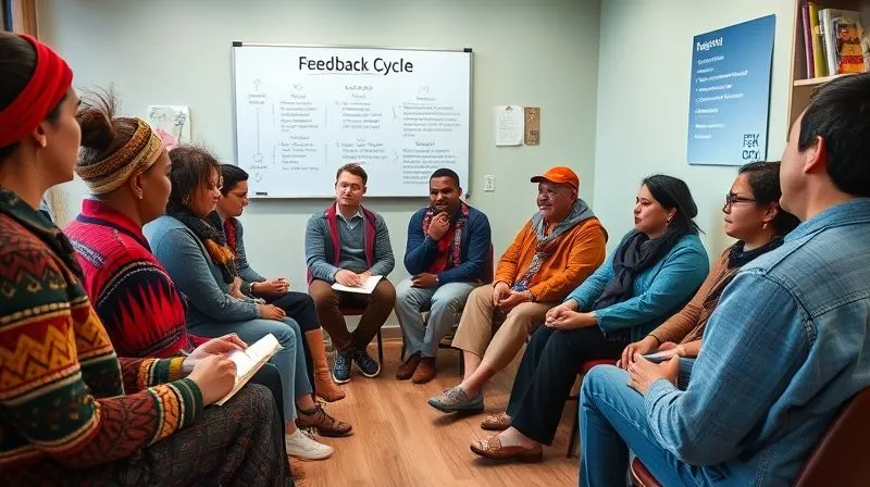 A photorealistic image of a diverse group of people, including indigenous community members and tourism professionals, engaged in a constructive dialogue session. They are seated in a semi-circle, some taking notes, with a whiteboard showing 'Feedback Cycle' and key points. The atmosphere is collaborative and thoughtful. Professional photography, 8K, cinematic lighting, sharp focus, depth of field, shot on a high-end DSLR.