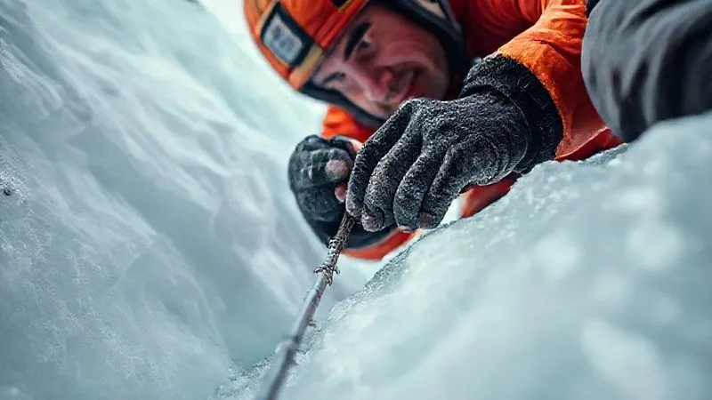 A photorealistic shot from a low angle, depicting a lead ice climber with a focused expression, carefully placing an ice screw into a section of brittle ice. Their body position is stable and controlled, demonstrating good technique. Cinematic lighting, sharp focus on the climber's hands and the screw, depth of field blurring the background, 8K.