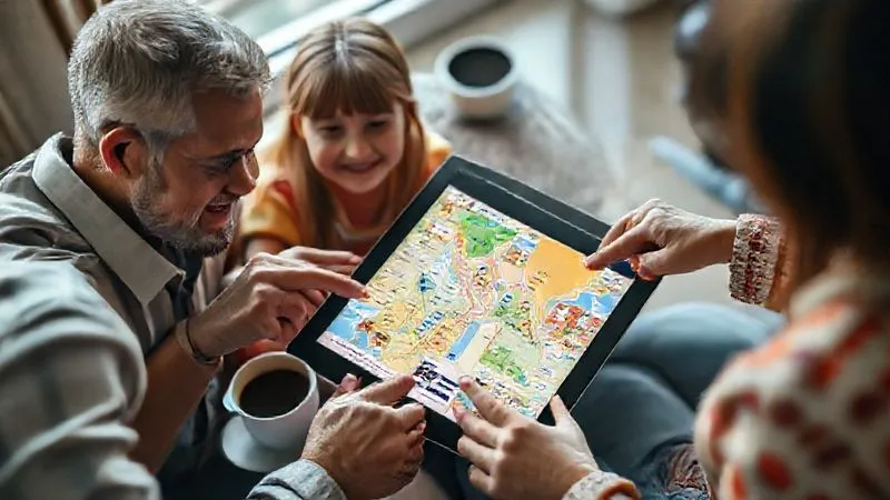 photorealistic, professional photography, 8K, cinematic lighting, sharp focus, depth of field, shot on a high-end DSLR, a family gathered around a tablet displaying a colorful, well-organized digital travel itinerary with maps and photos, hands pointing to different sections, a cup of coffee nearby, a sense of calm and organized planning.