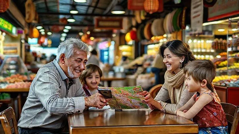 photorealistic, professional photography, 8K, cinematic lighting, sharp focus, depth of field, shot on a high-end DSLR, a multi-generational family (parents, grandparents, two children) sitting at a cafe table in a bustling foreign market, a friendly local shopkeeper is pointing to something on a map on their phone, the family is smiling and engaged, a sense of authentic interaction and discovery.