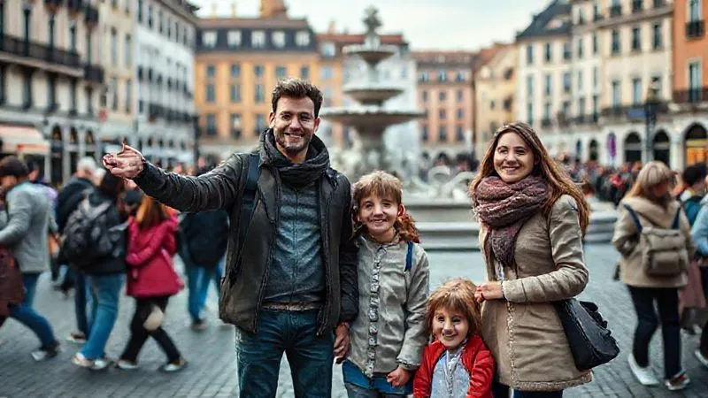 photorealistic, professional photography, 8K, cinematic lighting, sharp focus, depth of field, shot on a high-end DSLR, a family (parents, two children) standing in a bustling European square, pointing at a distinctive landmark (like a fountain or statue) as their designated meeting point, smiling and confident, a sense of preparedness amidst the crowd.