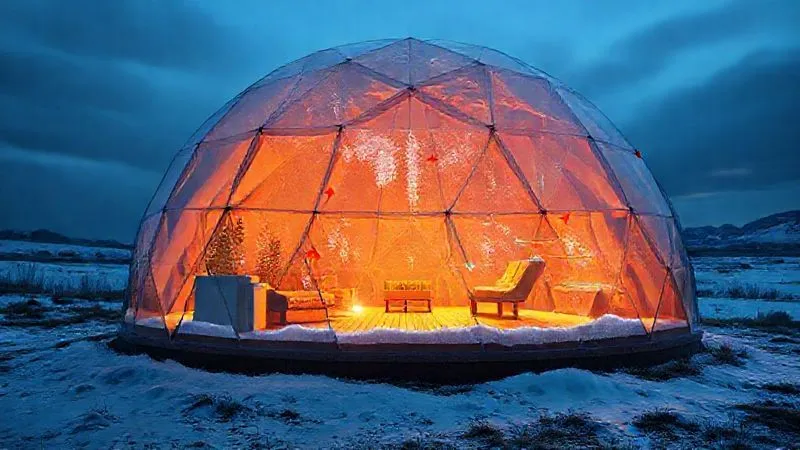 A photorealistic cross-section diagram of a glamping geodome, clearly showing warm, humid air rising inside and condensing on the cooler outer shell, with arrows illustrating airflow and heat transfer. The diagram should be scientifically accurate and easy to understand. professional photography, 8K, cinematic lighting, sharp focus, depth of field, shot on a high-end DSLR