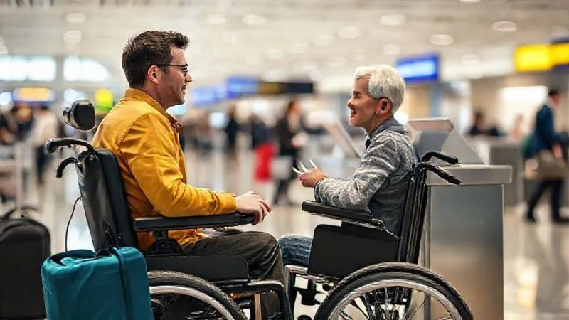 A photorealistic image of a traveler in a power wheelchair speaking directly and clearly with an airline gate agent at a check-in desk, both looking engaged and focused. The background shows a bustling but clean airport terminal. Professional photography, 8K, cinematic lighting, sharp focus on their interaction, depth of field blurring the background, shot on a high-end DSLR, conveying respectful and effective communication.