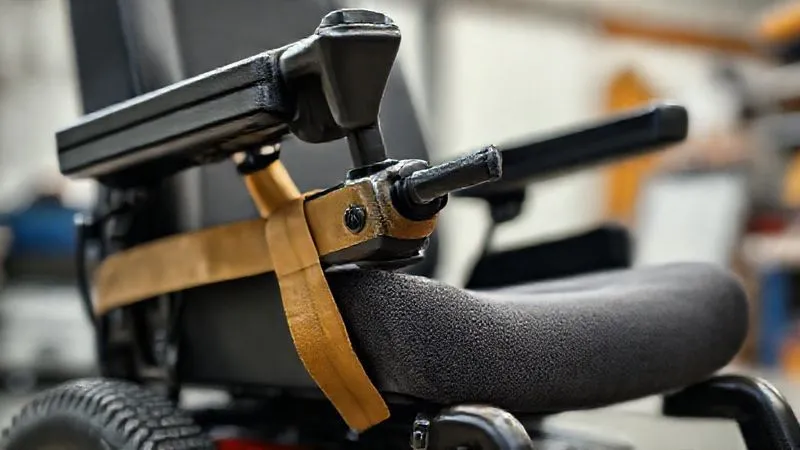 A photorealistic close-up image of a power wheelchair's joystick mount and motor casing, meticulously wrapped in protective foam padding and secured with heavy-duty tape. The background is slightly blurred, showing a clean, well-lit workshop or garage. Professional photography, 8K, cinematic lighting, sharp focus on the padding details, depth of field, shot on a high-end DSLR, conveying careful preparation and attention to detail.